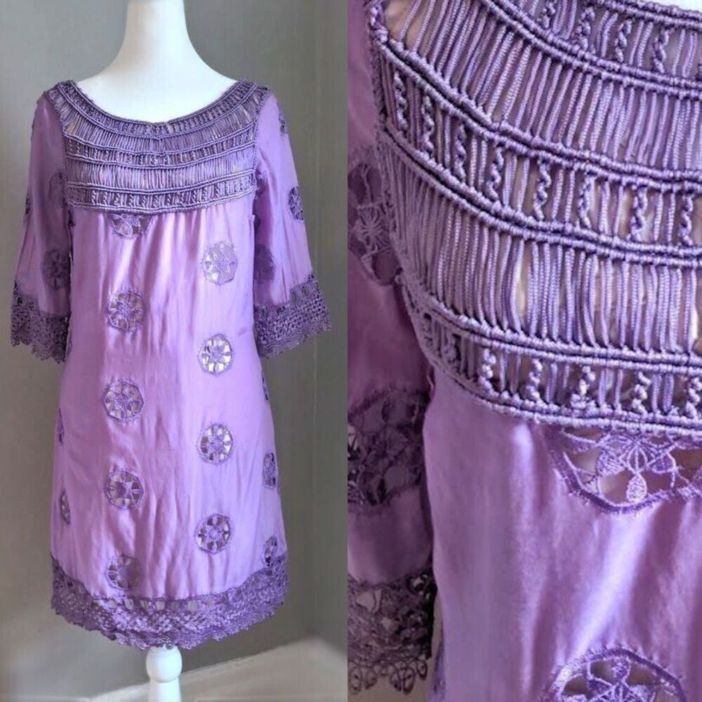 Anthropologie Tracy Reese Silk Dress Boho Embroidered Purple Cottagecore 2